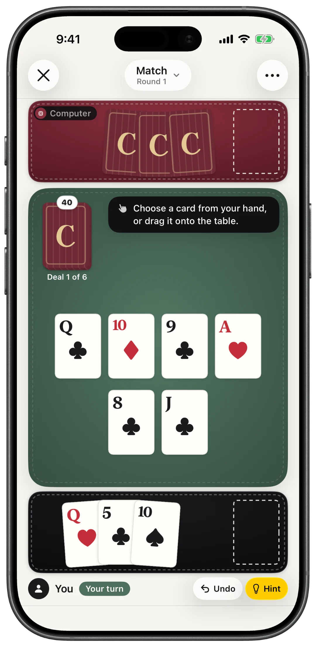 Cassinito on iPhone, with cards on the Sage table and your hand ready to play